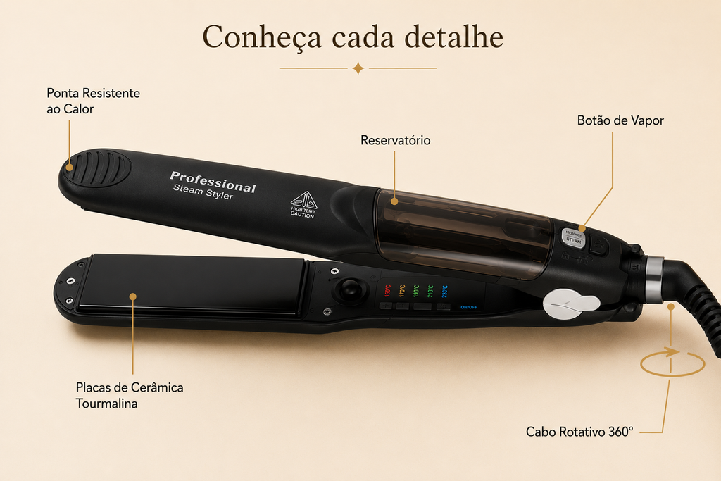 Diagrama do alisador Nuée — placas cerâmicas tourmalina, cabo rotativo 360°