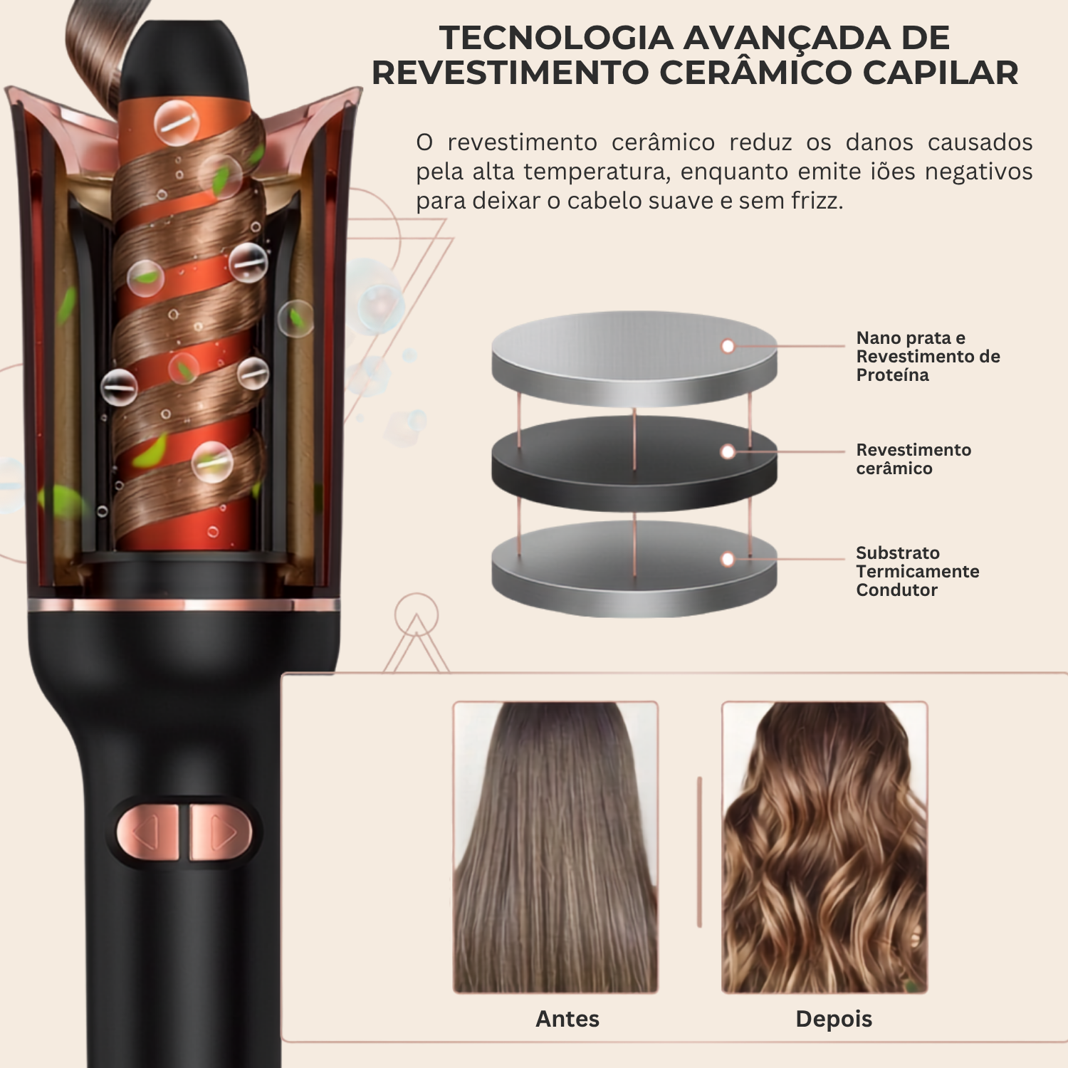 Tecnologia de revestimento cerâmico avançado — resultado antes e depois no cabelo